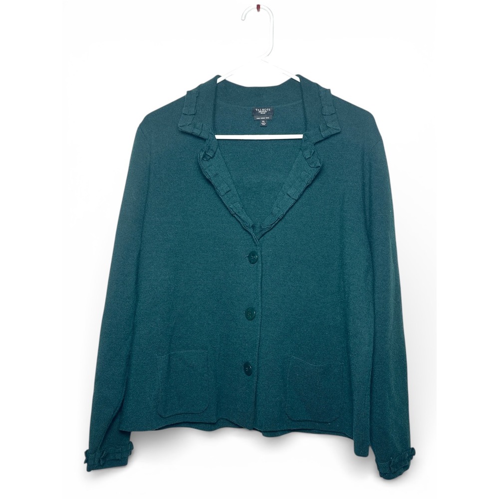 Talbots Pure Merino Wool Ruffle Trim Cardigan Sweater Forest Green Size XLP